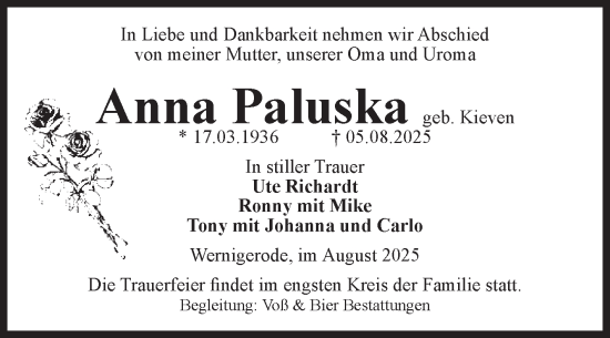Traueranzeige von Anna Paluska von Volksstimme Wernigerode
