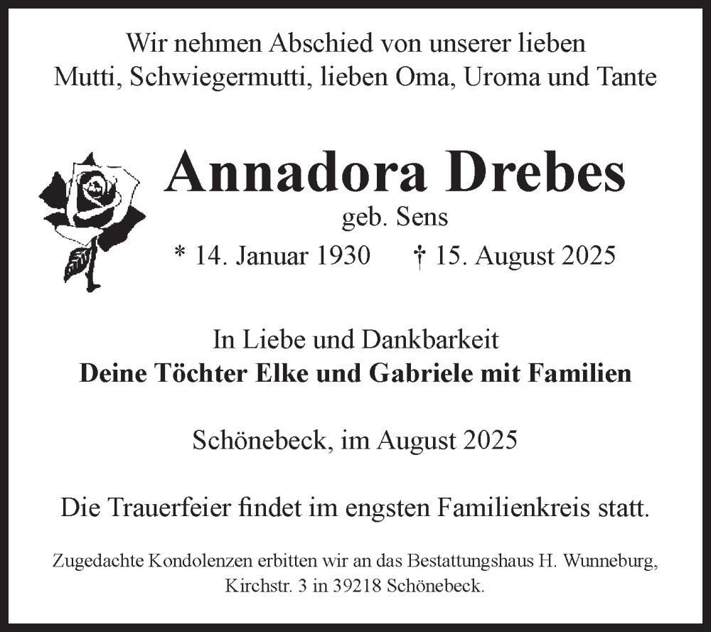  Traueranzeige für Annadora Drebes vom 23.08.2025 aus Volksstimme Schönebeck
