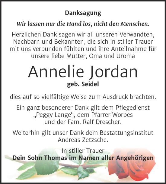 Traueranzeige von Annelie Jordan von Trauerkombi Merseburg