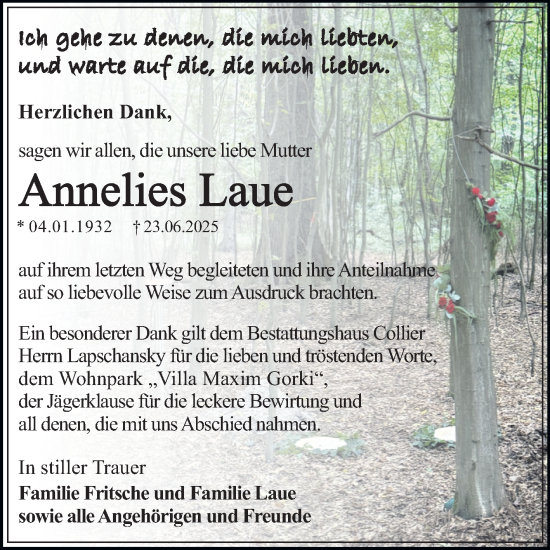 Traueranzeige von Annelies Laue von Trauerkombi Dessau