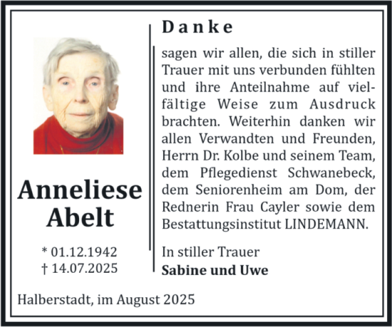 Traueranzeige von Anneliese Abelt von Volksstimme Halberstadt