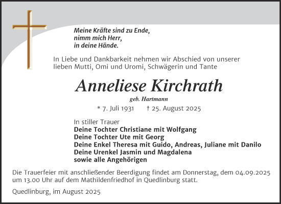 Traueranzeige von Anneliese Kirchrath von Trauerkombi Quedlinburg