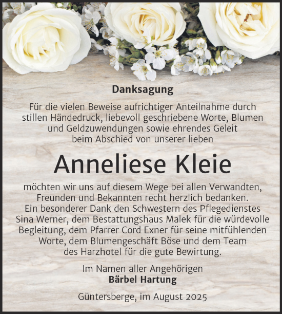Traueranzeige von Anneliese Kleie von Trauerkombi Quedlinburg