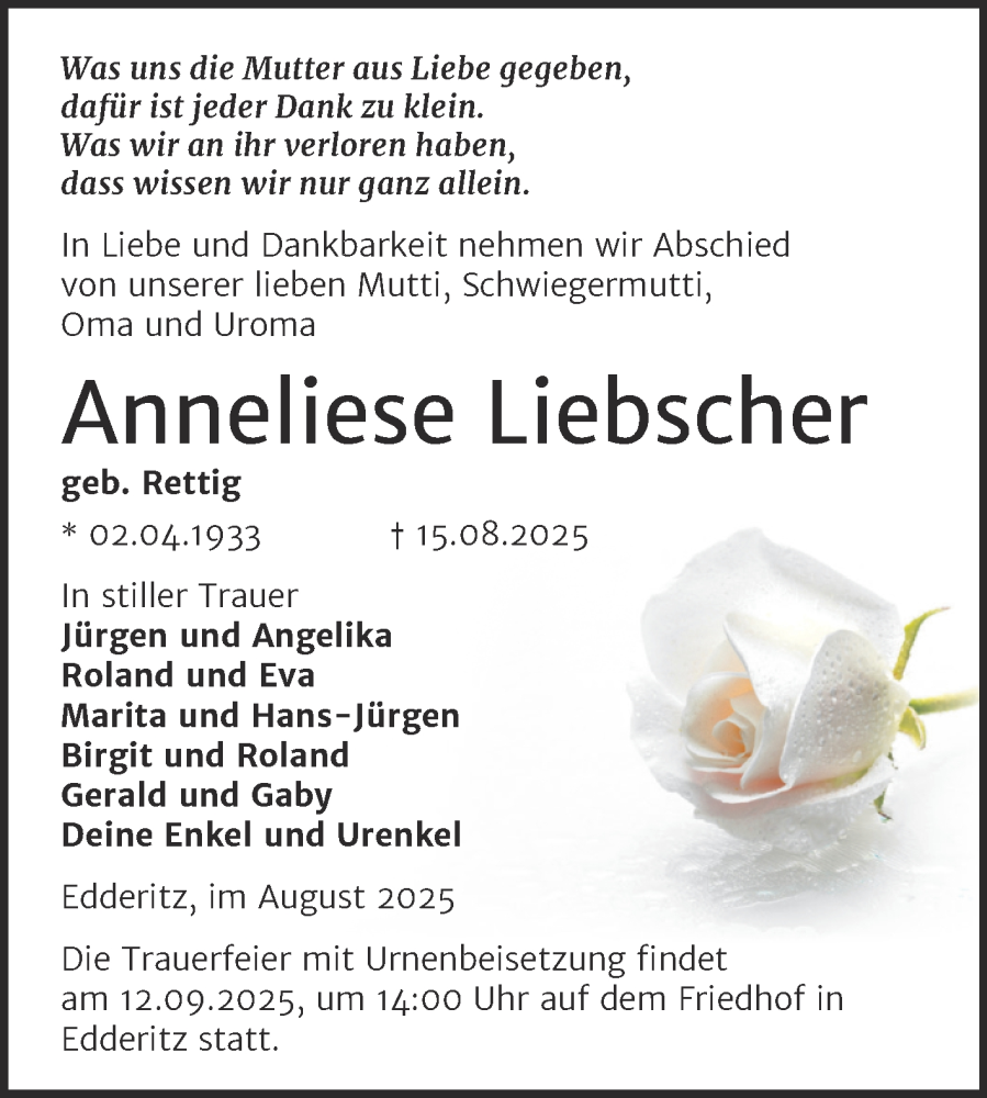  Traueranzeige für Anneliese Liebscher vom 30.08.2025 aus Trauerkombi Köthen