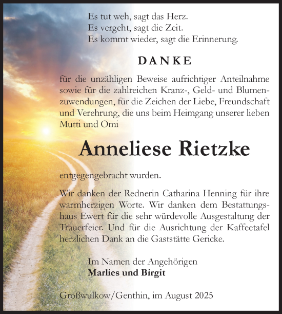 Traueranzeige von Anneliese Rietzke von Volksstimme Burg/Genthin