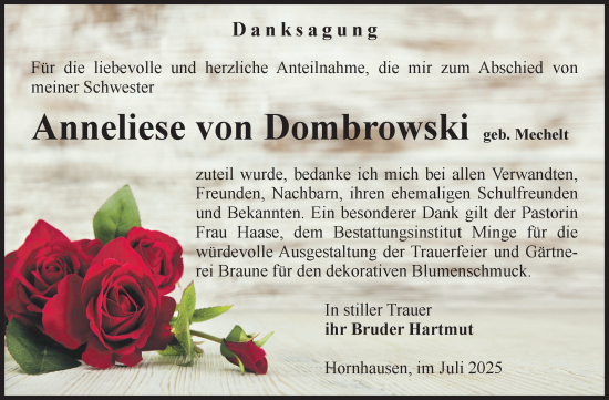 Traueranzeige von Anneliese von Dombrowski von Volksstimme Oschersleben/Wanzleben