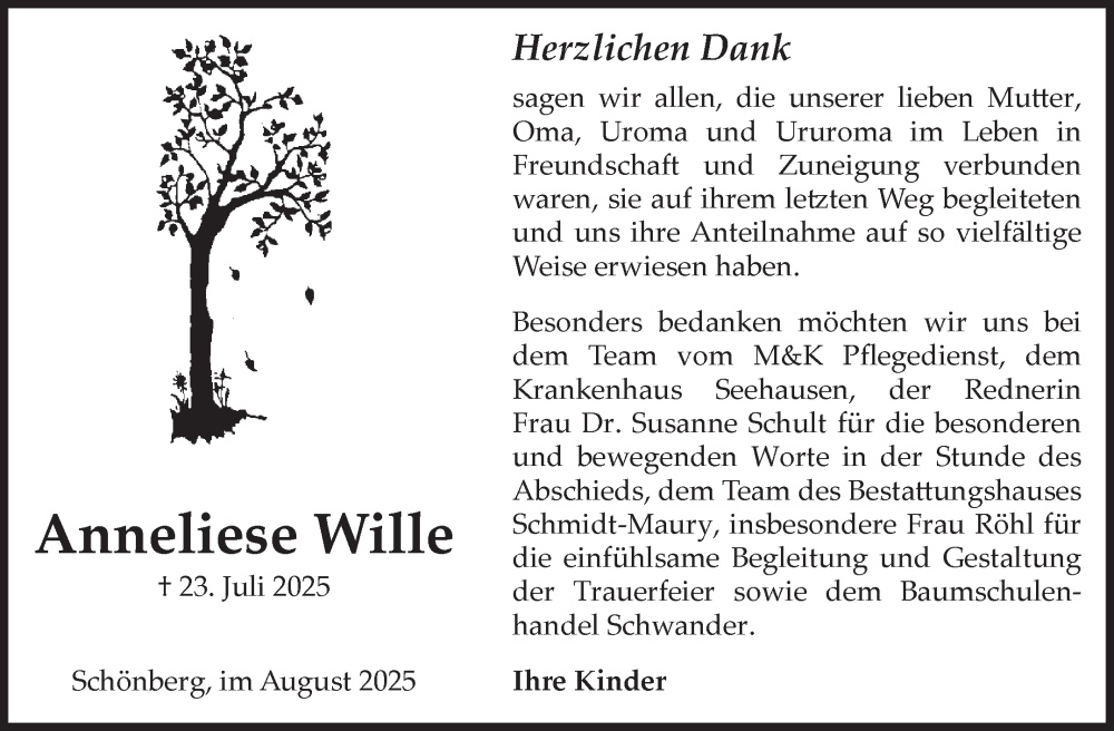  Traueranzeige für Anneliese Wille vom 30.08.2025 aus Volksstimme Altmark Ost