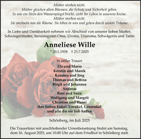 Traueranzeige von Anneliese Wille von Volksstimme Altmark Ost
