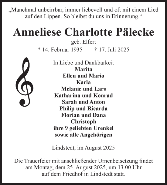 Traueranzeige von Anneliese Charlotte Pälecke von Volksstimme Altmark West