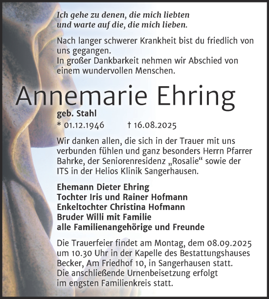 Traueranzeige von Annemarie Ehring von Trauerkombi Sangerhausen