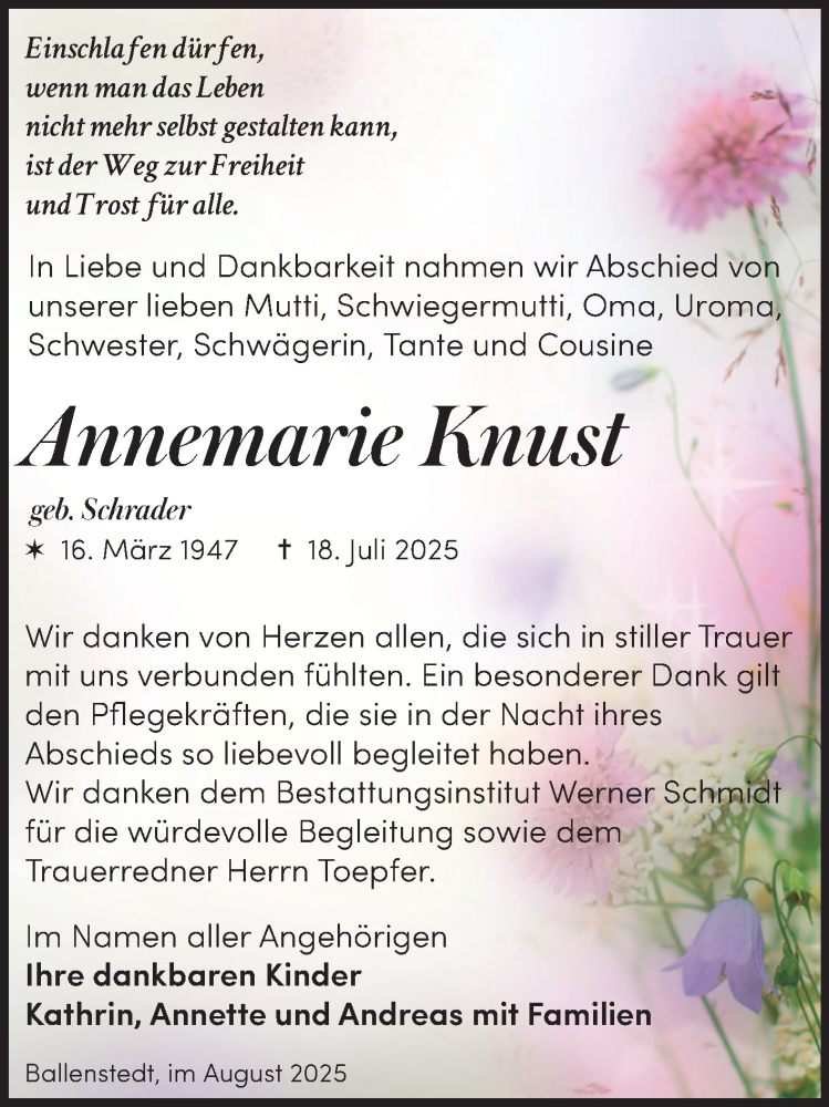  Traueranzeige für Annemarie Knust vom 30.08.2025 aus Trauerkombi Quedlinburg