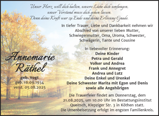 Traueranzeige von Annemarie Räthel von Trauerkombi Köthen