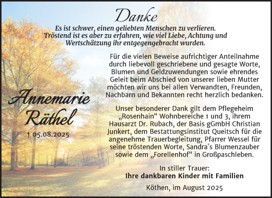 Traueranzeige von Annemarie Räthel von Trauerkombi Köthen