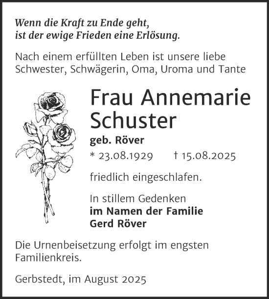 Traueranzeige von Annemarie Schuster von Trauerkombi Mansfelder Land