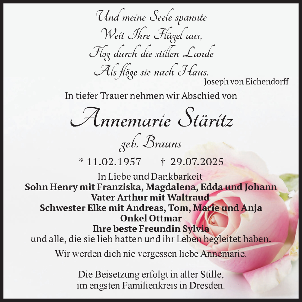  Traueranzeige für Annemarie Stäritz vom 09.08.2025 aus Volksstimme Magdeburg