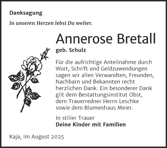 Traueranzeige von Annerose Bretall von Trauerkombi Weißenfels