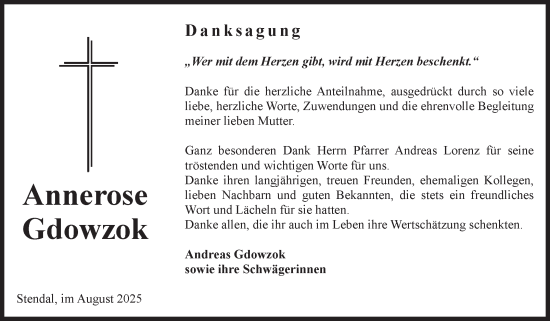 Traueranzeige von Annerose Gdowzok von Volksstimme Altmark Ost