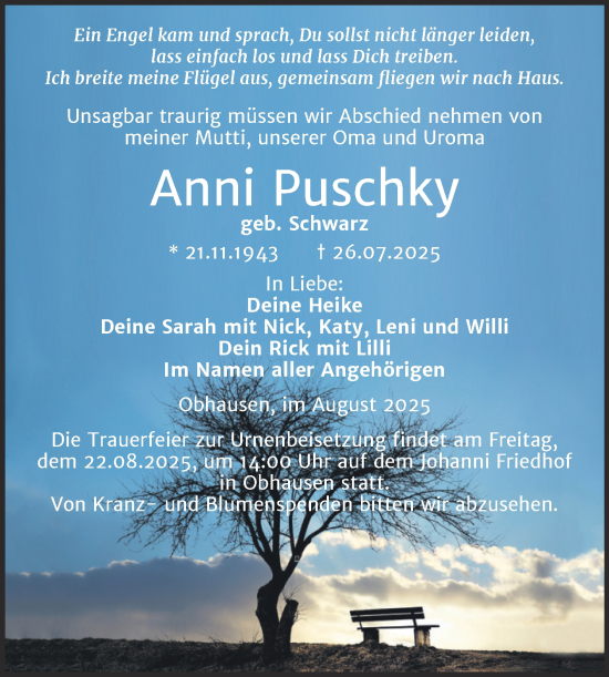 Traueranzeige von Anni Puschky von Trauerkombi Merseburg
