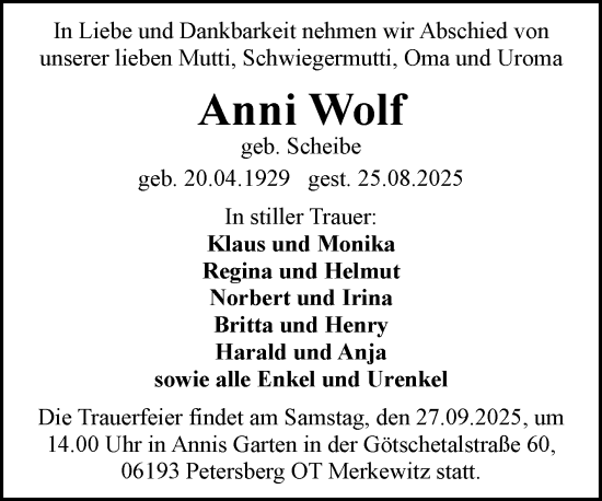 Traueranzeige von Anni Wolf von Mitteldeutsche Zeitung Halle/Saalkreis
