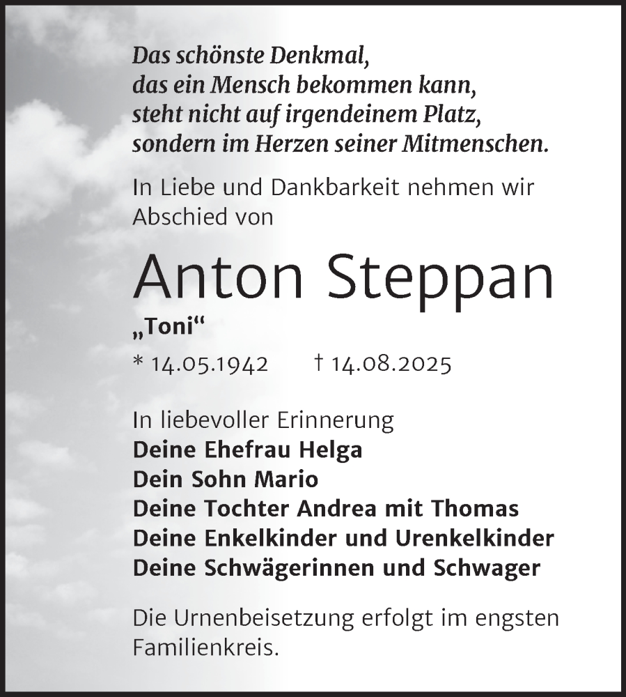  Traueranzeige für Anton Steppan vom 30.08.2025 aus Trauerkombi Bitterfeld