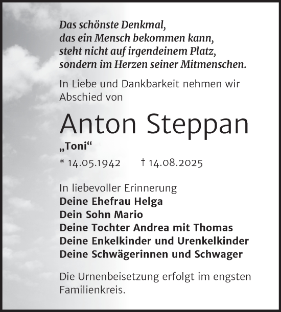 Traueranzeige von Anton Steppan von Trauerkombi Bitterfeld