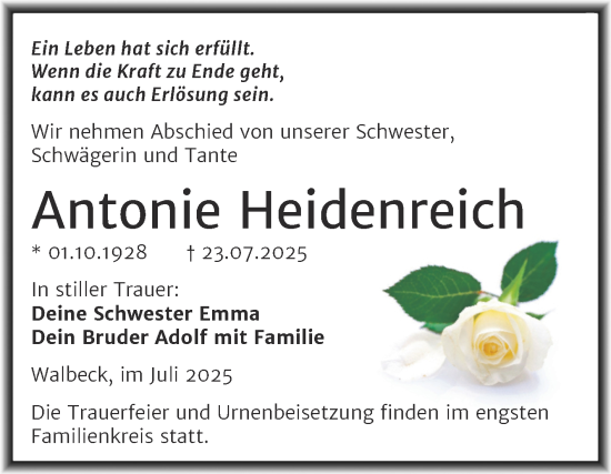 Traueranzeige von Antonie Heidenreich von Trauerkombi Mansfelder Land