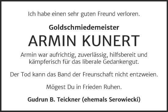 Traueranzeige von Armin Kunert von Trauerkombi Aschersleben