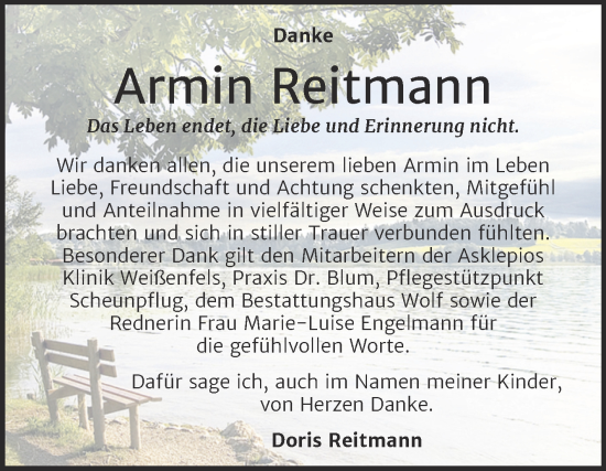 Traueranzeige von Armin Reitmann von Trauerkombi Weißenfels