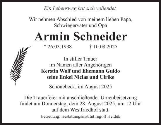 Traueranzeige von Armin Schneider von Volksstimme Schönebeck