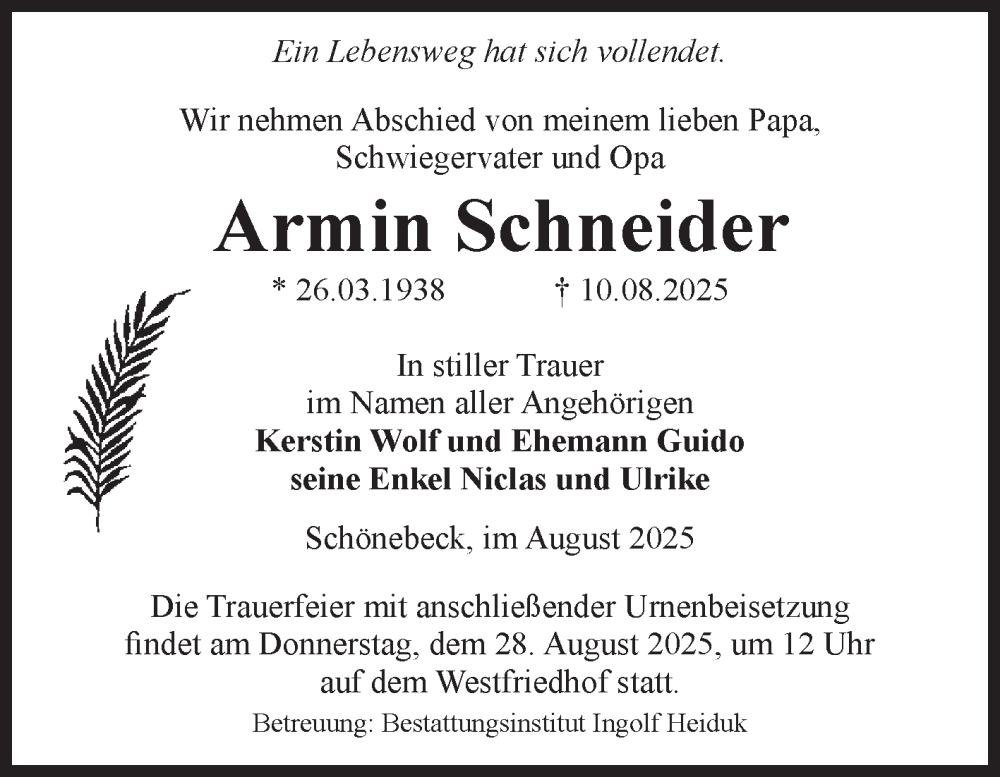  Traueranzeige für Armin Schneider vom 16.08.2025 aus Volksstimme Schönebeck
