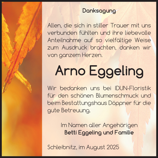 Traueranzeige von Arno Eggeling von Volksstimme Oschersleben/Wanzleben