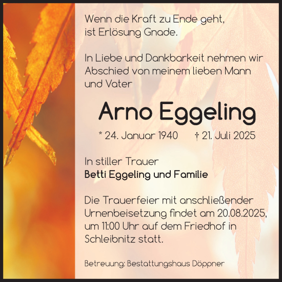 Traueranzeige von Arno Eggeling von Volksstimme Oschersleben/Wanzleben