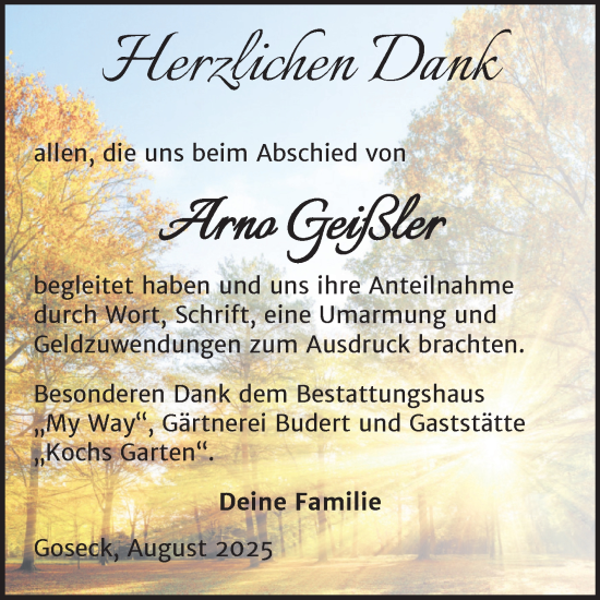 Traueranzeige von Arno Geißler von Trauerkombi Weißenfels