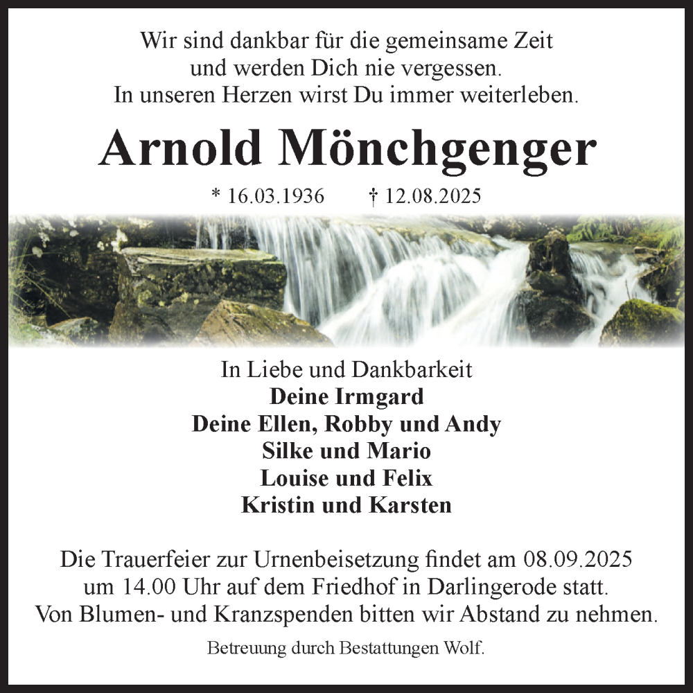  Traueranzeige für Arnold Mönchgenger vom 23.08.2025 aus Volksstimme Wernigerode