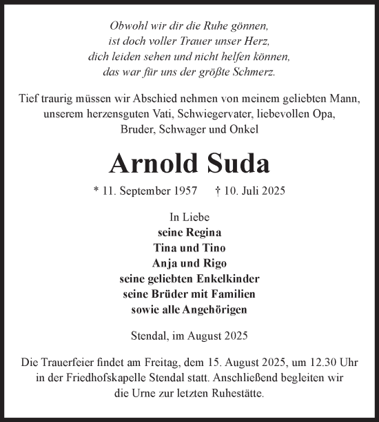 Traueranzeige von Arnold Suda von Volksstimme Altmark Ost