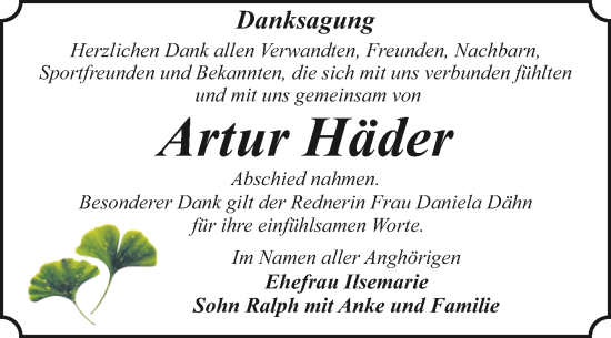 Traueranzeige von Artur Häder von Trauerkombi Dessau