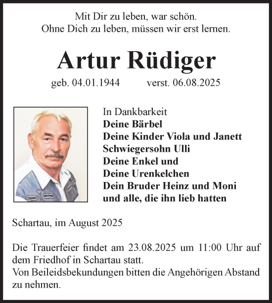 Traueranzeige von Artur Rüdiger von Volksstimme Burg/Genthin