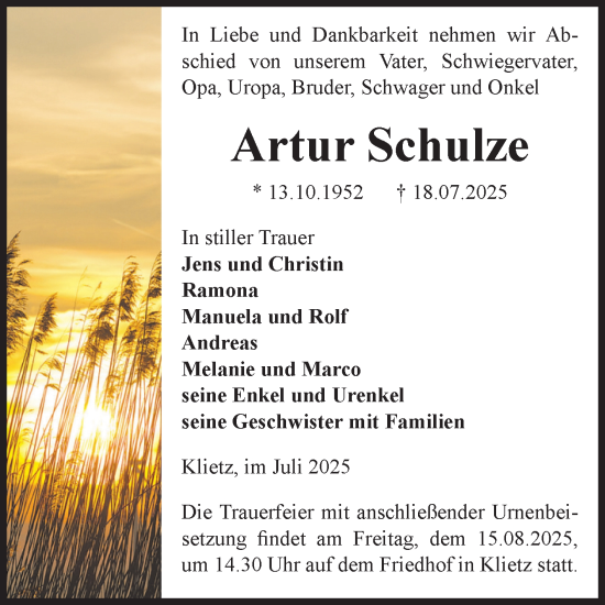 Traueranzeige von Artur Schulze von Volksstimme Altmark Ost