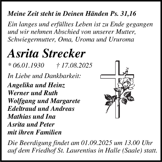 Traueranzeige von Asrita Strecker von Mitteldeutsche Zeitung Halle/Saalkreis