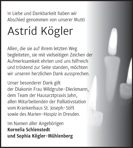 Traueranzeige von Astrid Kögler von Trauerkombi Sangerhausen