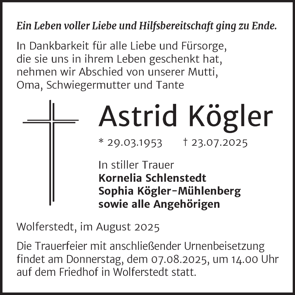  Traueranzeige für Astrid Kögler vom 02.08.2025 aus Trauerkombi Sangerhausen