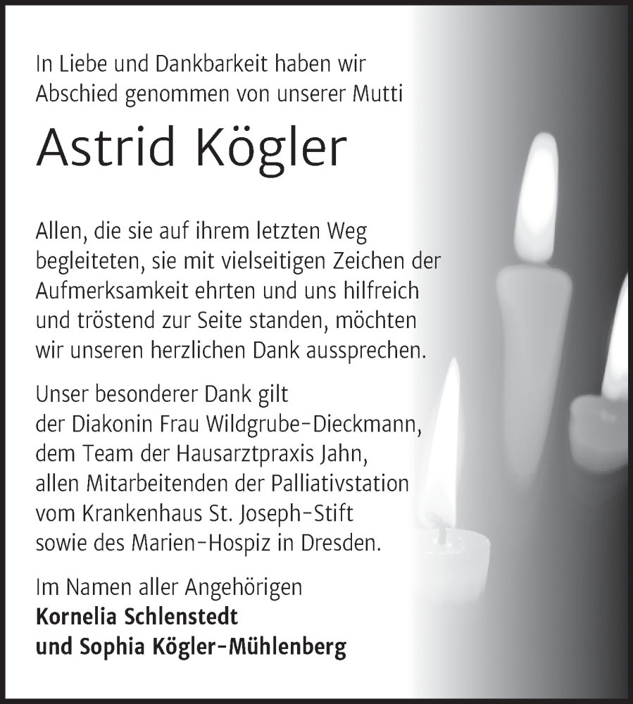  Traueranzeige für Astrid Kögler vom 30.08.2025 aus Trauerkombi Sangerhausen