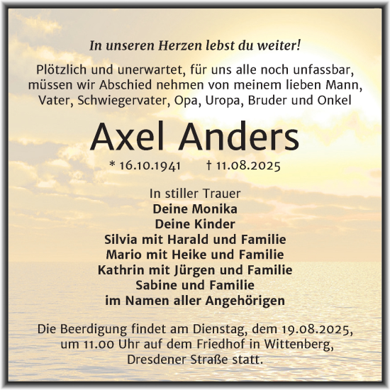 Traueranzeige von Axel Anders von Trauerkombi Wittenberg