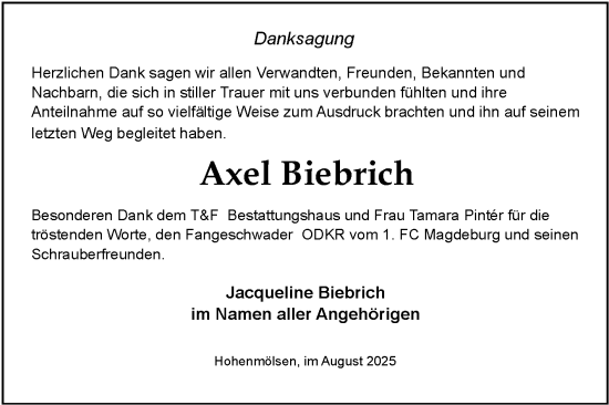 Traueranzeige von Axel Biebrich von Trauerkombi Weißenfels