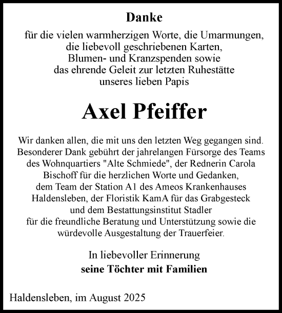 Traueranzeige von Axel Pfeiffer von Volksstimme Haldensleben/Wolmirstedt