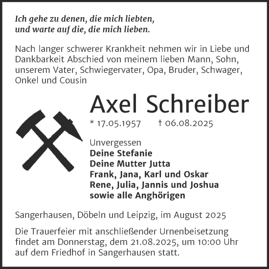 Traueranzeige von Axel Schreiber von Trauerkombi Sangerhausen