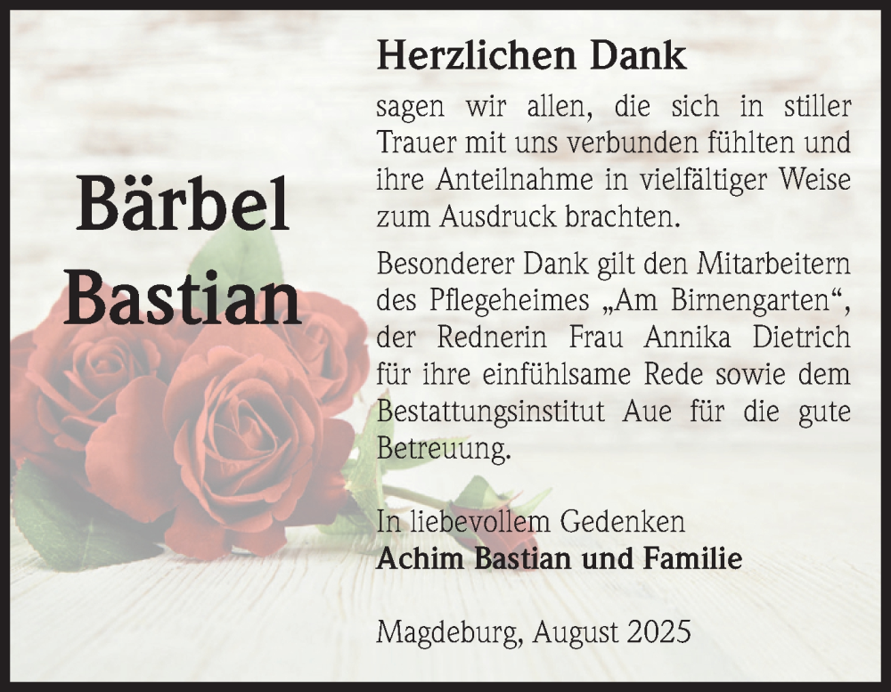 Traueranzeige für Bärbel Bastian vom 09.08.2025 aus Volksstimme Magdeburg