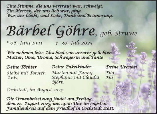 Traueranzeige von Bärbel Göhre 
