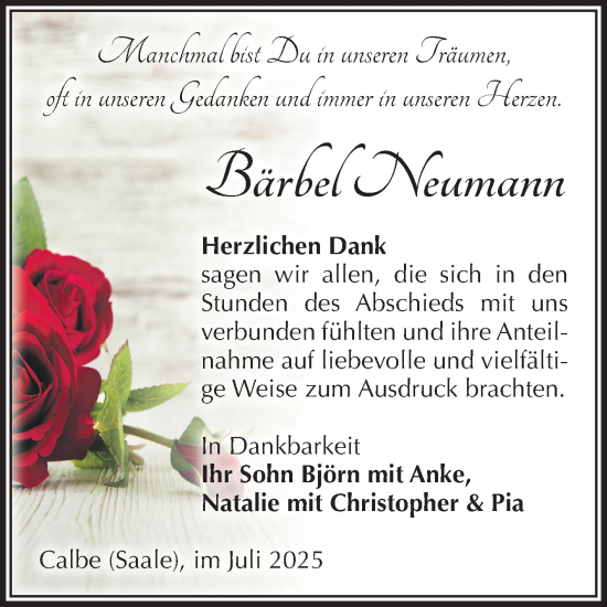 Traueranzeige von Bärbel Neumann von Volksstimme Schönebeck