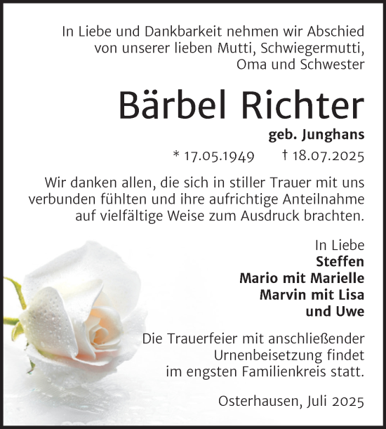 Traueranzeige von Bärbel Richter von Trauerkombi Mansfelder Land